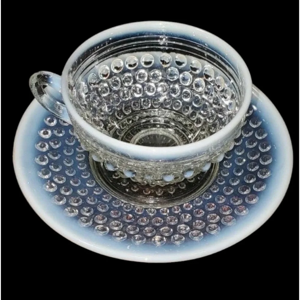 Vintage Moonstone Opalescent Cup & Plate Milk Glass Avcents